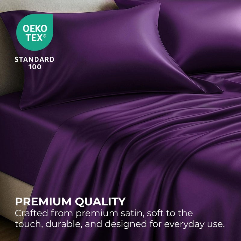 Pure Bedding Satin Sheets Full [4-Piece, Purple] Hotel Luxury Silky Bed Sheets - Extra Soft 1800 Microfiber Sheet Set, Wrinkle, Fade, Deep Pocket Fitted Sheet, Flat Sheet, Pillow Cases - Image 2